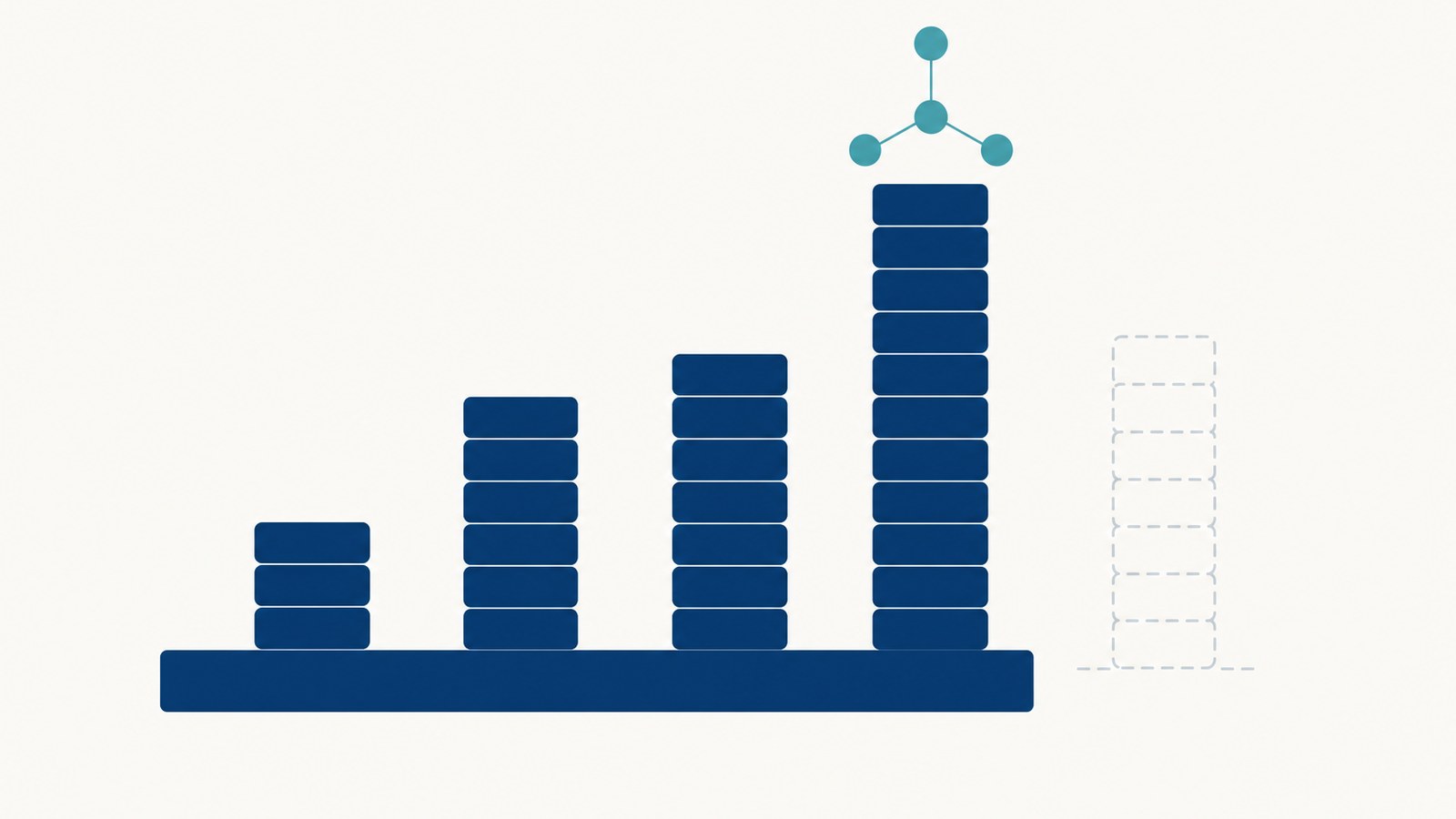 Four columns of stacked blocks rising from one solid foundation, with a small connected cluster on top of the tallest, beside a hollow outline with nothing beneath it