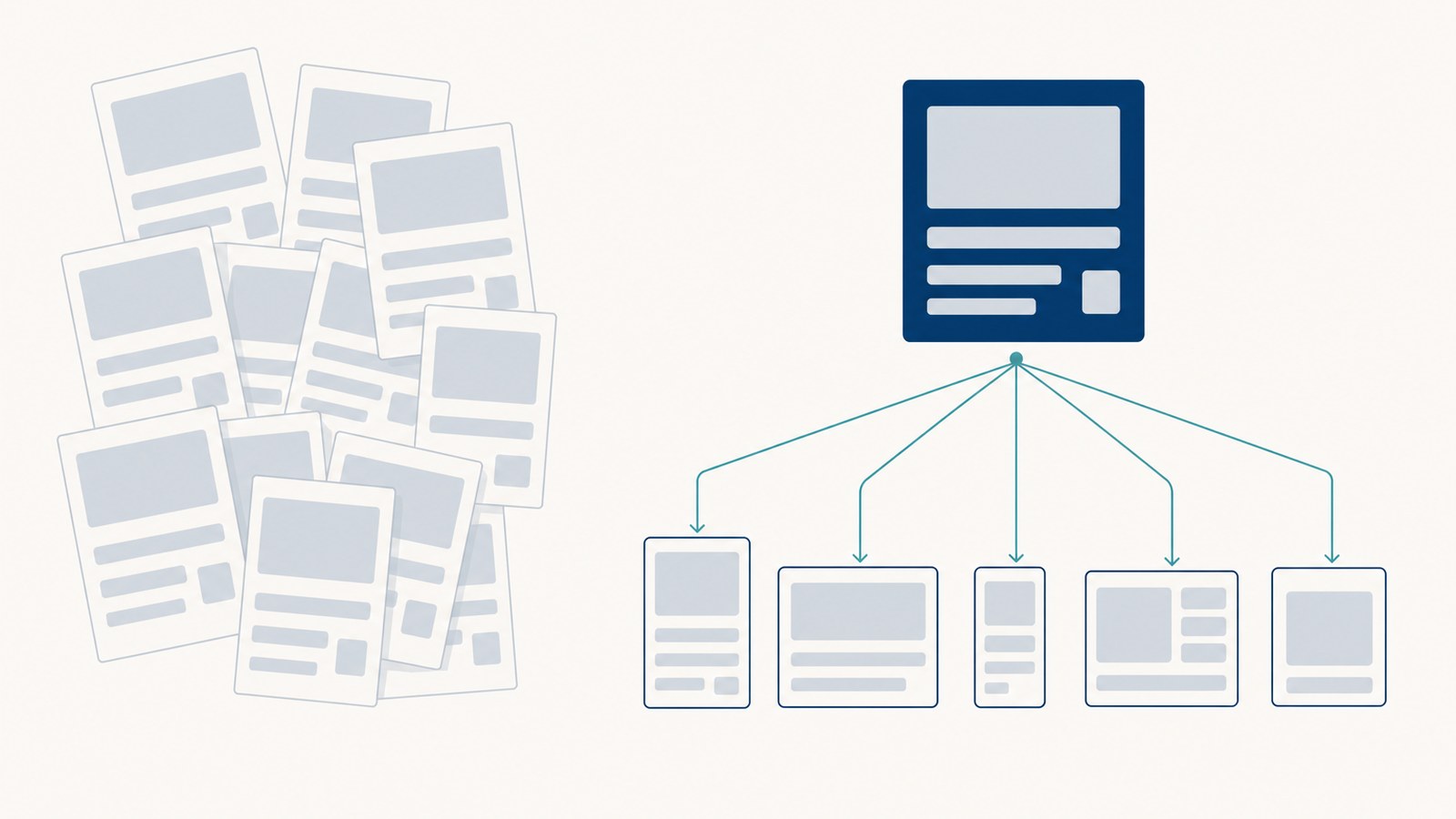 A dozen duplicated documents on the left replaced by one structured source feeding five distinct outputs on the right