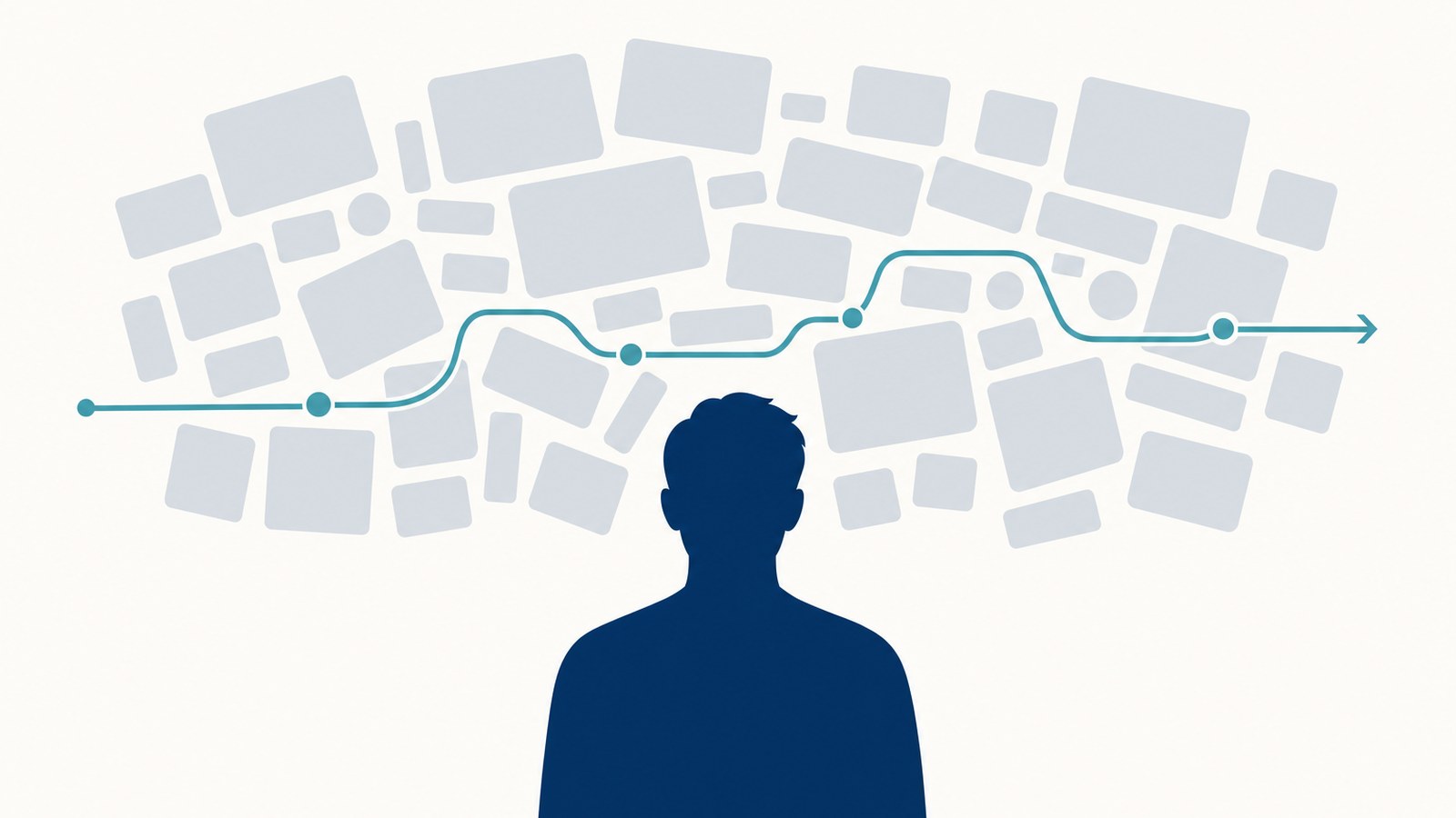 A person facing a disordered cloud of fragmented channel messages, with one clear sequenced path traced through the noise