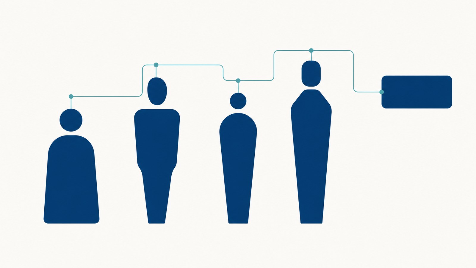 Four distinct abstract figures connected by a light network of lines that converges rightward into one shared outcome